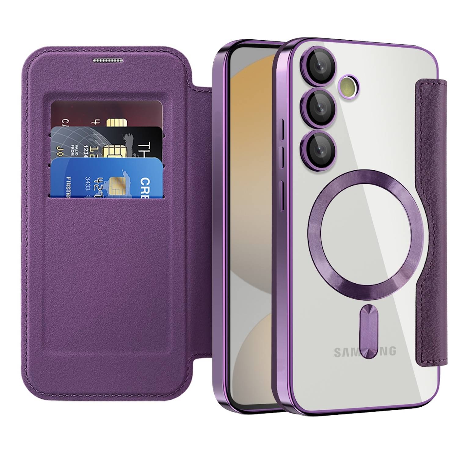 Für Samsung Galaxy S24 FE 360 Grad Full Body Magsafe RFID Anti Datenklau Kunst Leder Hülle Tasche Lila