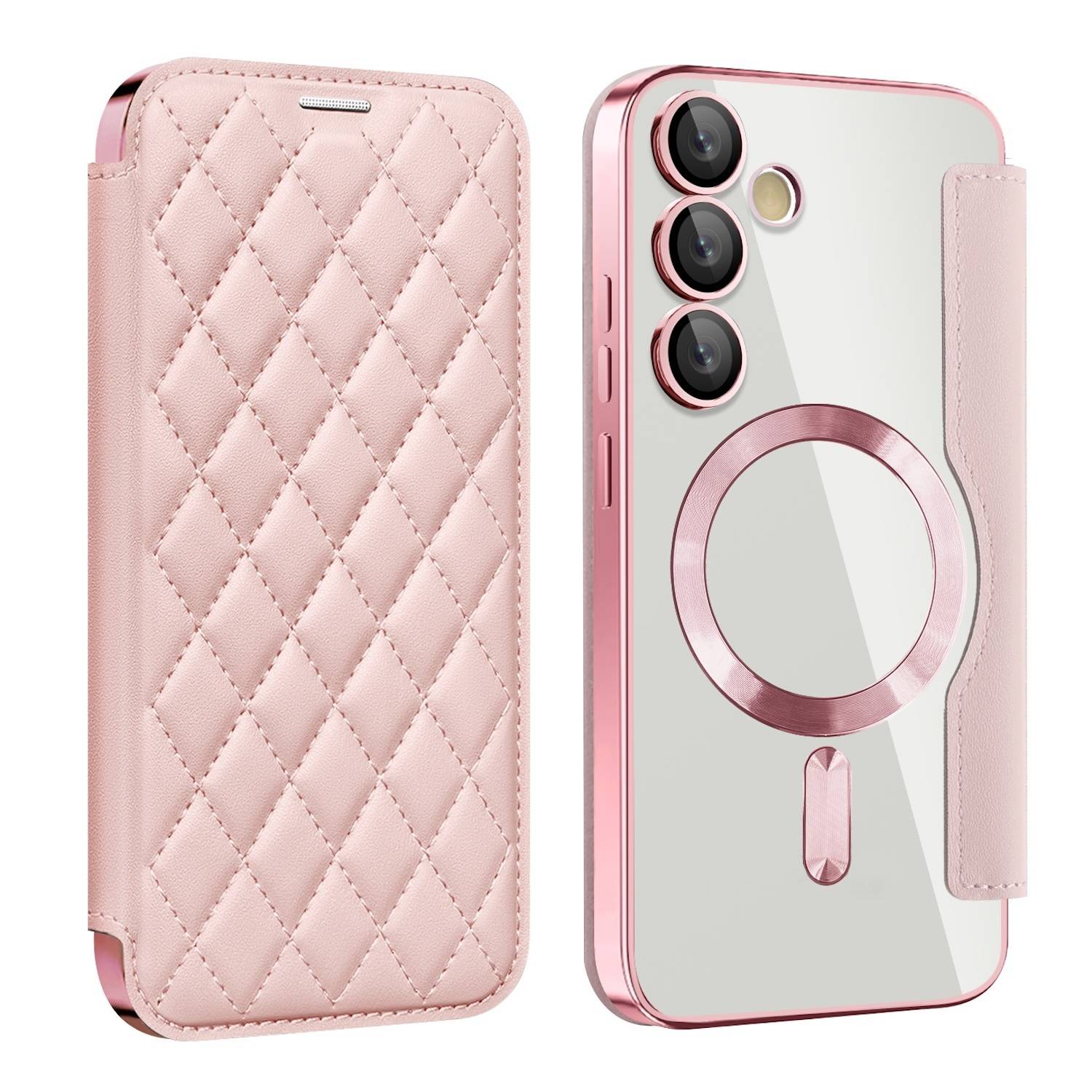 Für Samsung Galaxy S24 FE 360 Grad Full Body Magsafe RFID Anti Datenklau Kunst Leder Hülle Tasche Rosa