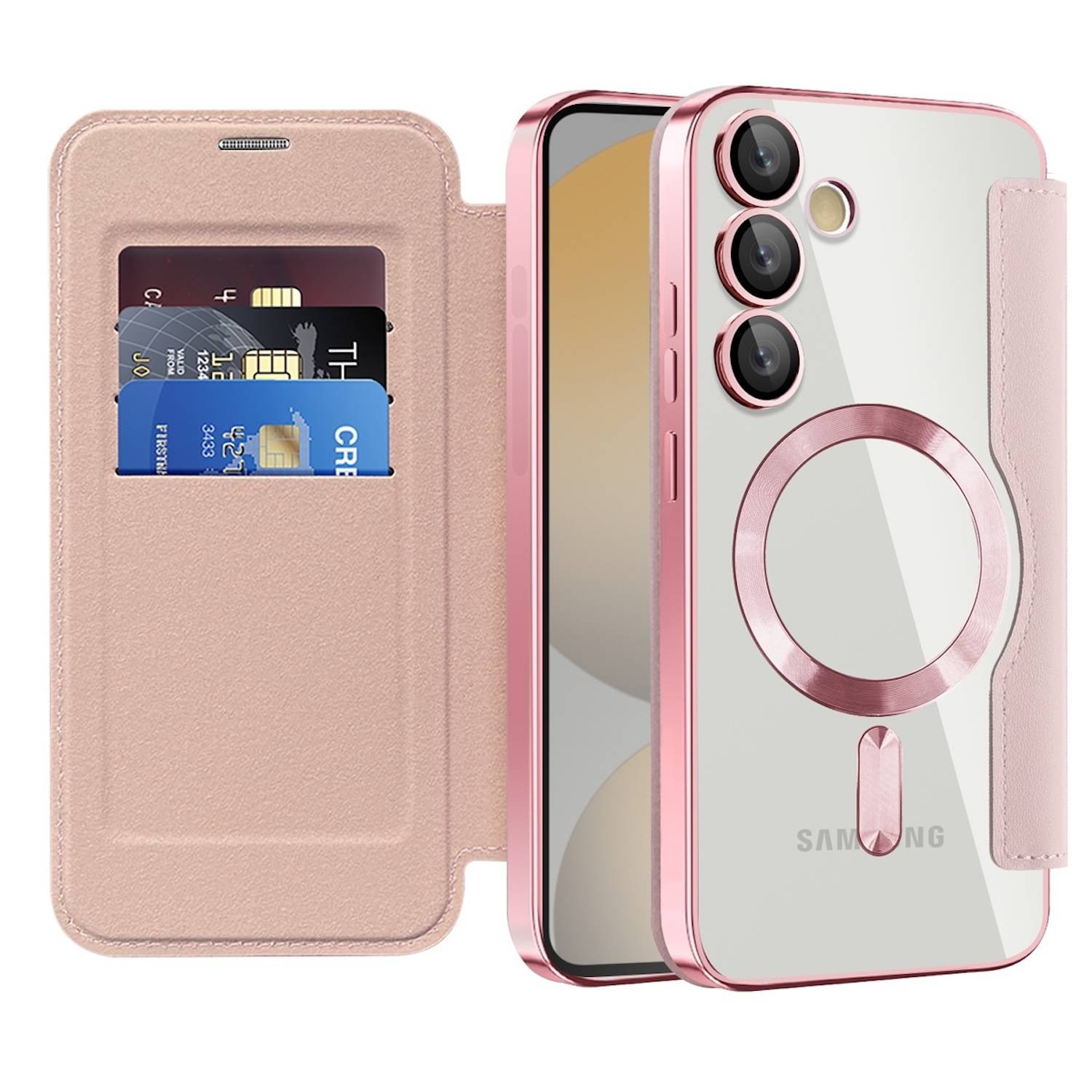 Für Samsung Galaxy S24 FE 360 Grad Full Body Magsafe RFID Anti Datenklau Kunst Leder Hülle Tasche Rosa