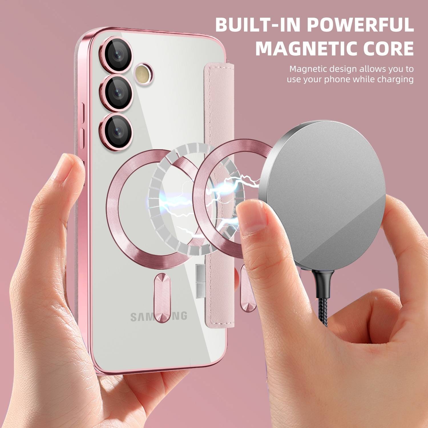Für Samsung Galaxy S24 FE 360 Grad Full Body Magsafe RFID Anti Datenklau Kunst Leder Hülle Tasche Rosa