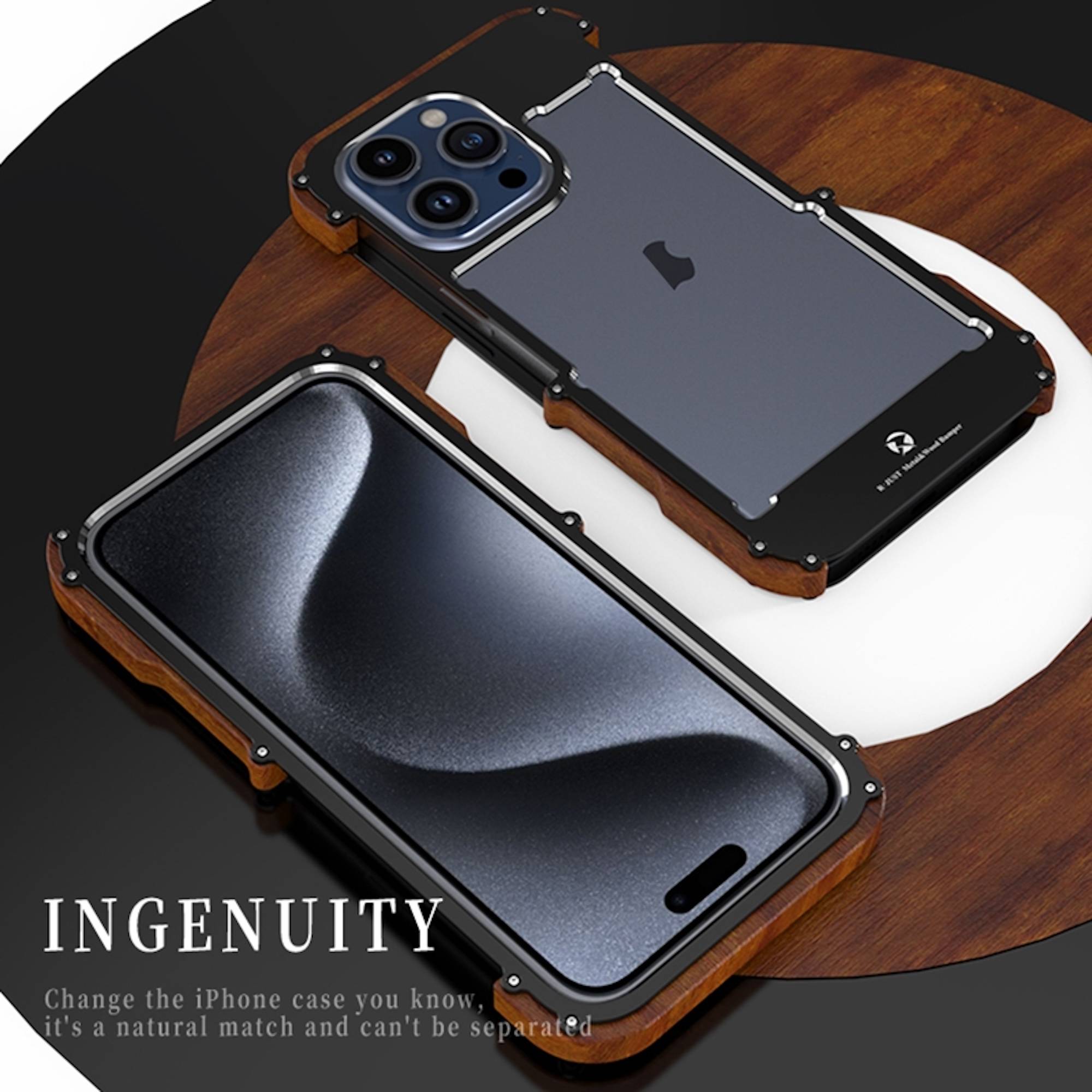 Zwei robuste iPhone-Schutzhüllen, von vorne und hinten auf einer Holzoberfläche abgebildet, mit dem Wort „INGENUITY