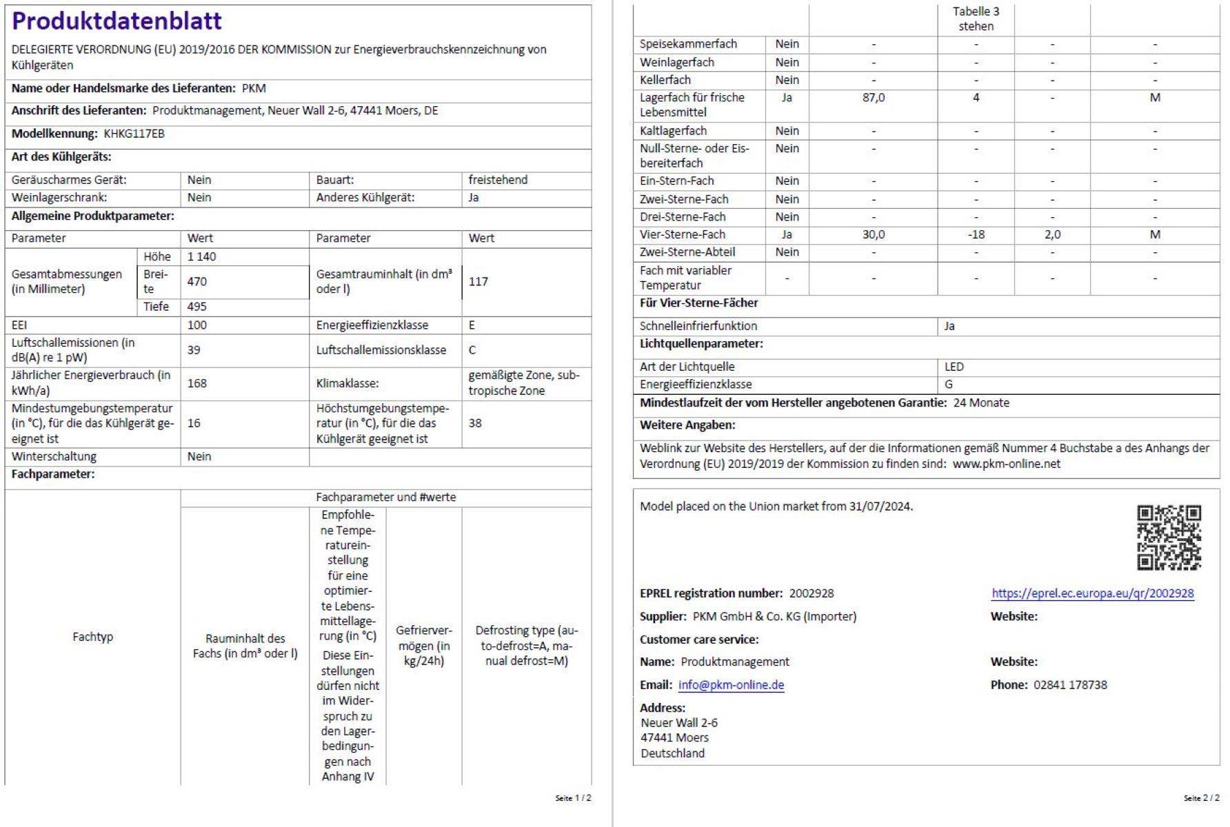 PKM Kühlgefrierkombination KHKG117EB 117 Liter Nutzinhalt, Schwarz, Nur 39 dB
