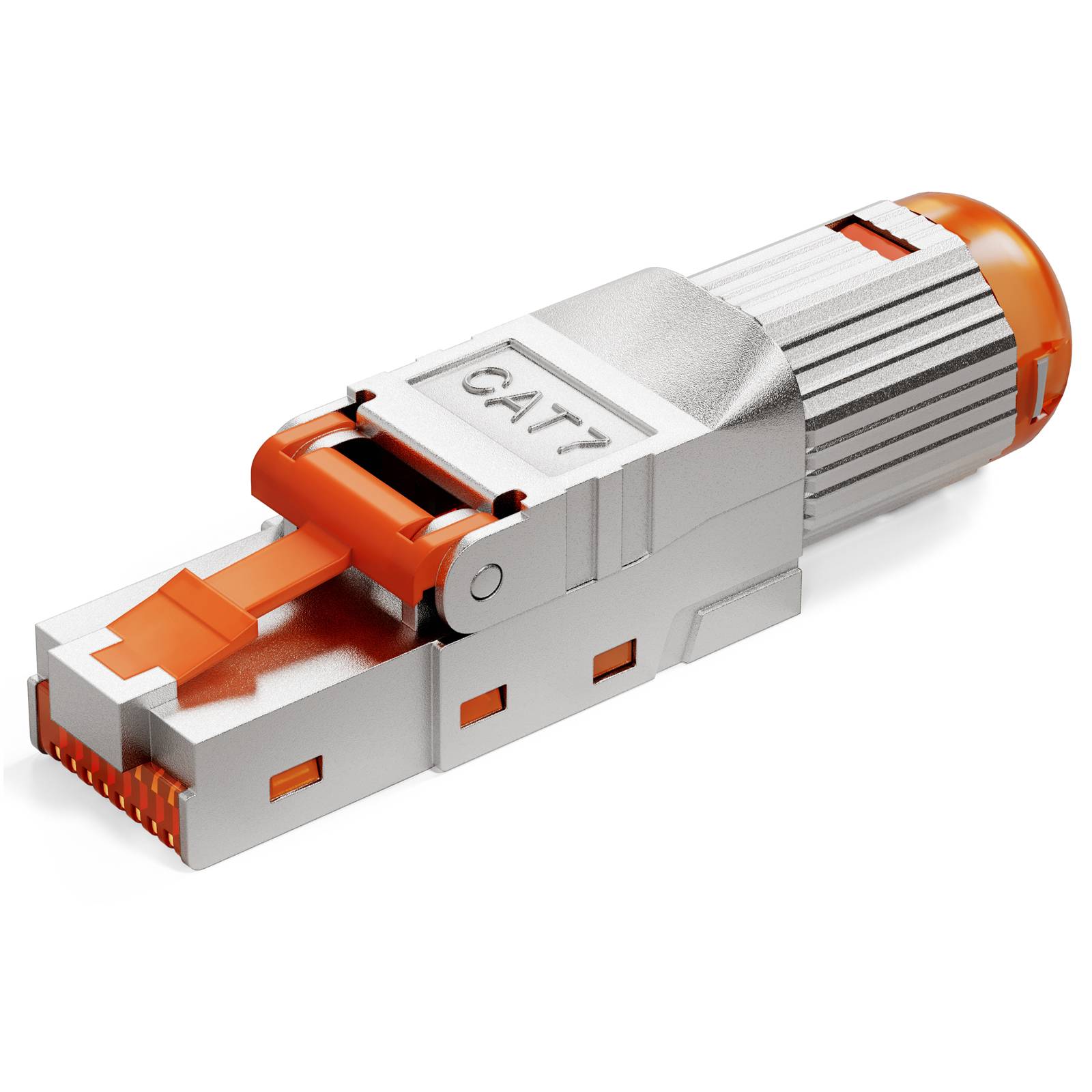 Ein metallischer CAT7 Ethernet-Kabelstecker mit einer orangefarbenen Verriegelung, geeignet für hochgeschwindigkeitsnetze Verbindungen.