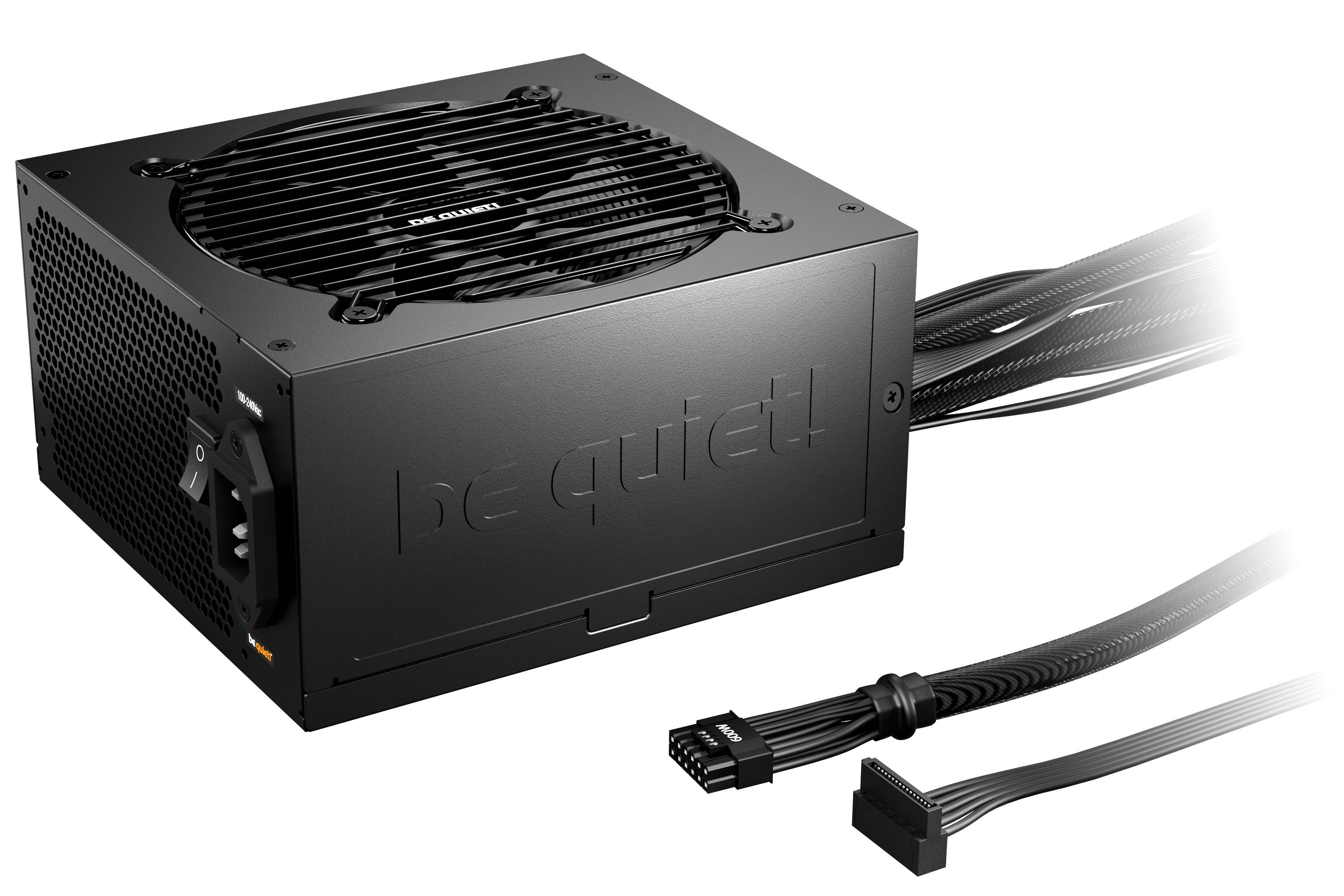 Schwarz sei ruhig! Netzteil für Computer mit Kühlventilator und angebrachten Kabeln, gezeigt mit modularen Steckverbindern auf weißem Hintergrund
