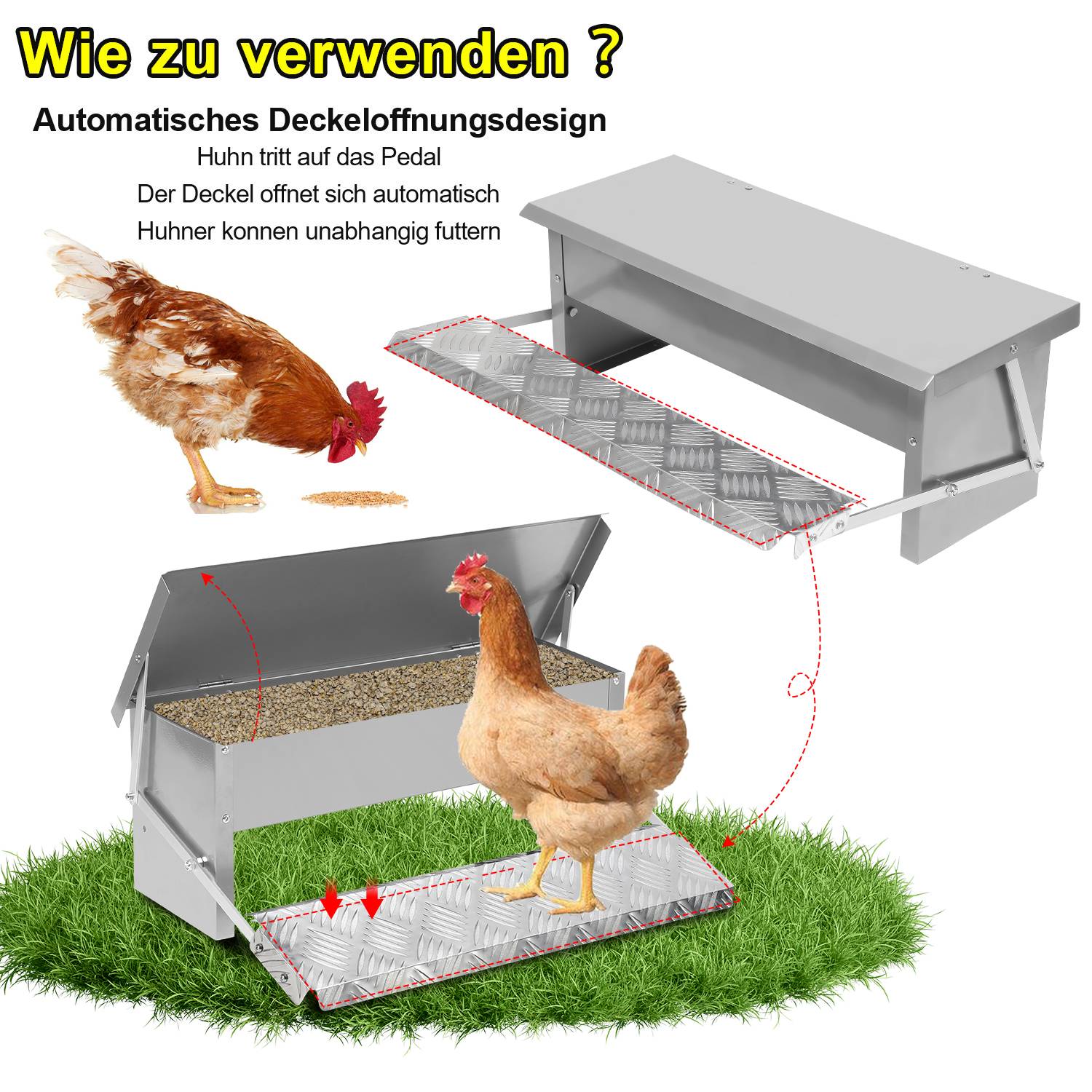 Futterautomat für hühner Geflügel mit Deckel Futterspender, 5kg Fußpedal selbstöffnender Futtertrog automat hühnerfutter