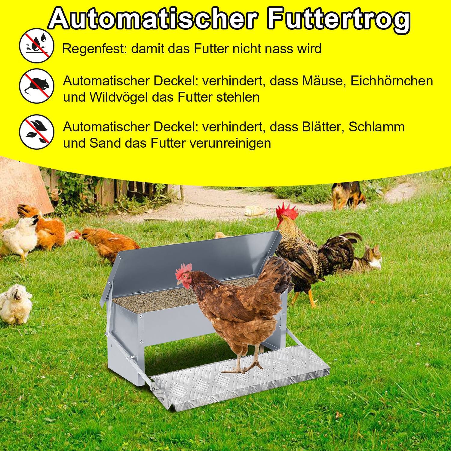 Futterautomat Hühner für Geflügel – Hühnerfutterautomat mit Selbstöffnendem Pedal, Trog Spender, ideal für Hühner und Gänse 50x20x19cm