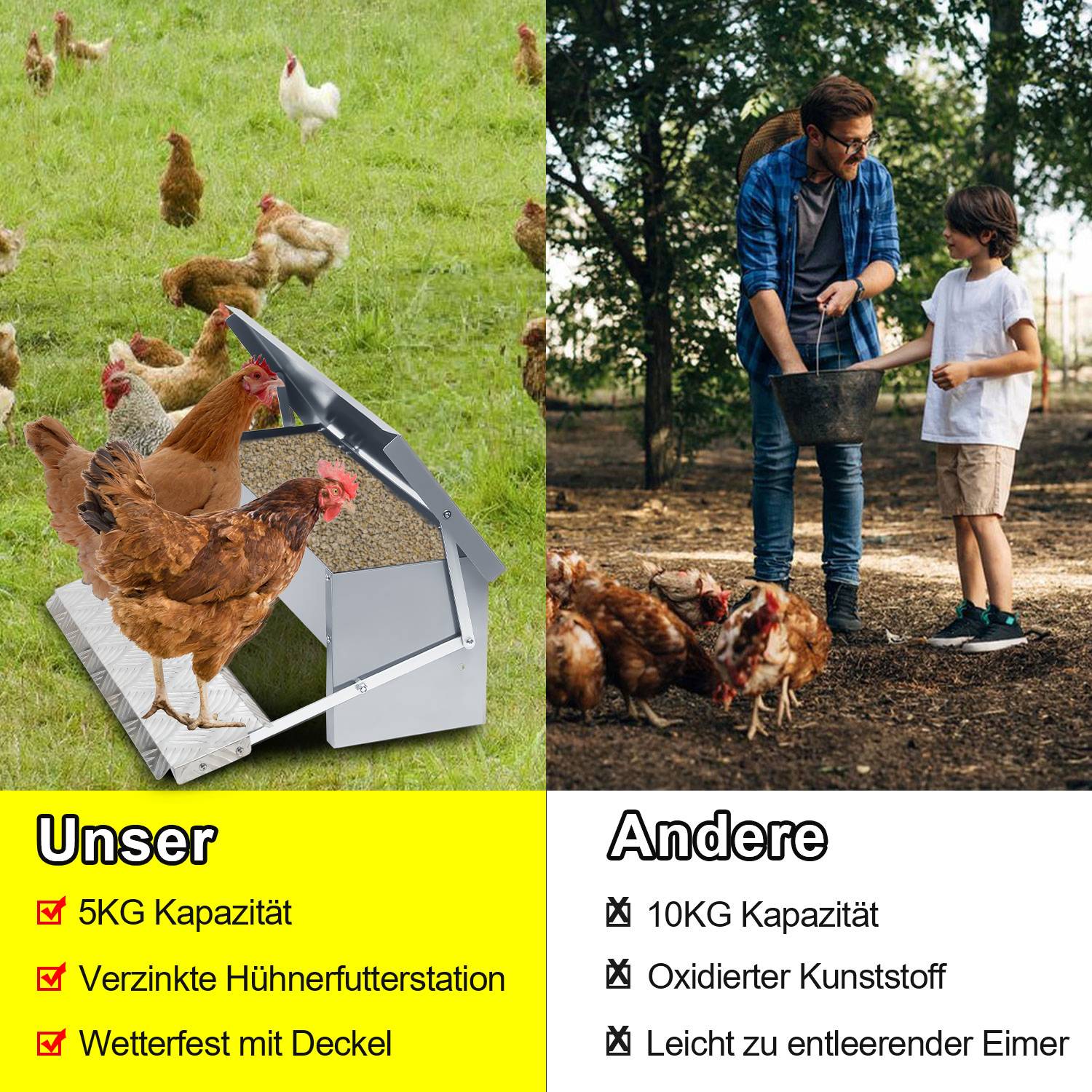 Futterautomat für hühner Geflügel mit Deckel Futterspender, 5kg Fußpedal selbstöffnender Futtertrog automat hühnerfutter