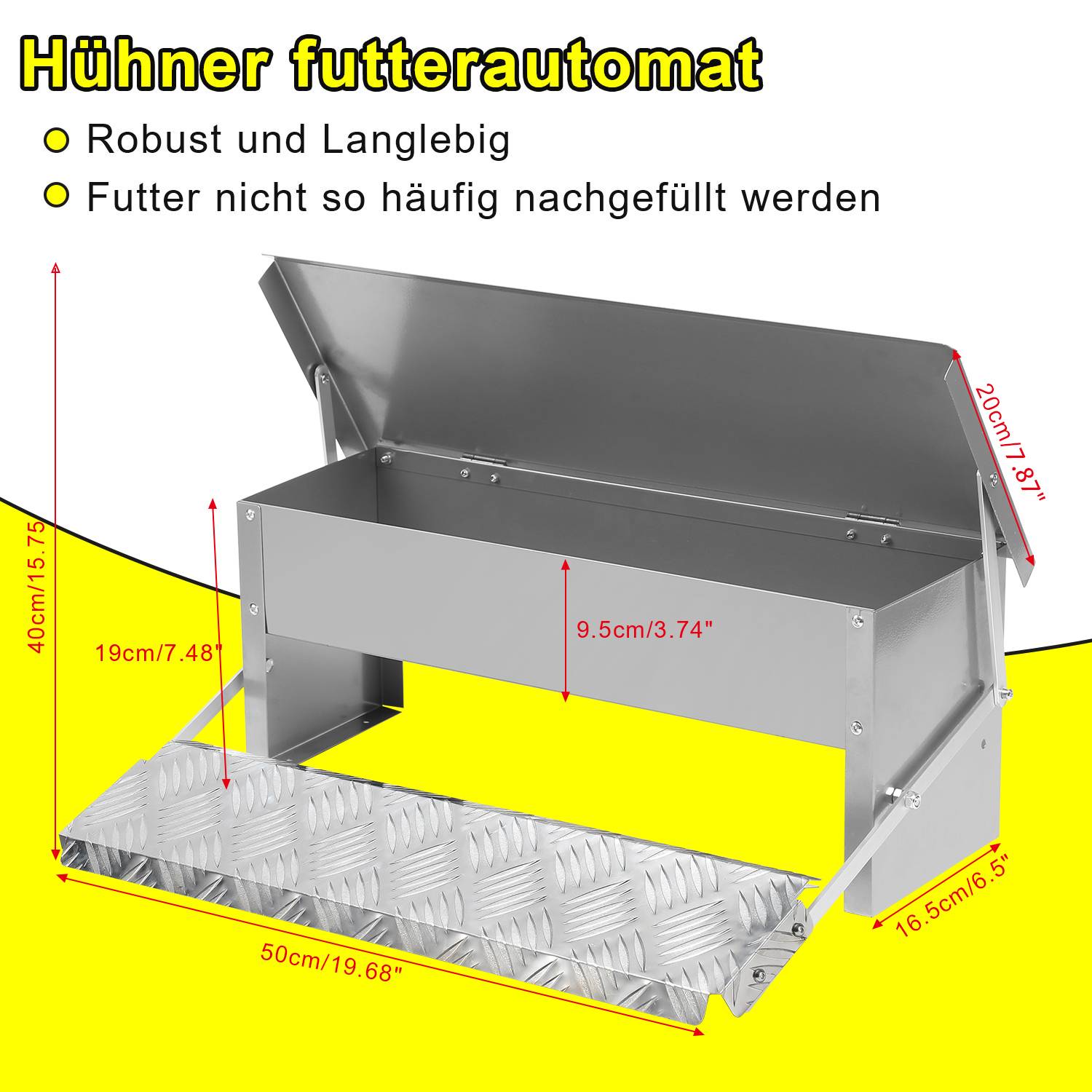 Futterautomat Hühner für Geflügel – Hühnerfutterautomat mit Selbstöffnendem Pedal, Trog Spender, ideal für Hühner und Gänse 50x20x19cm