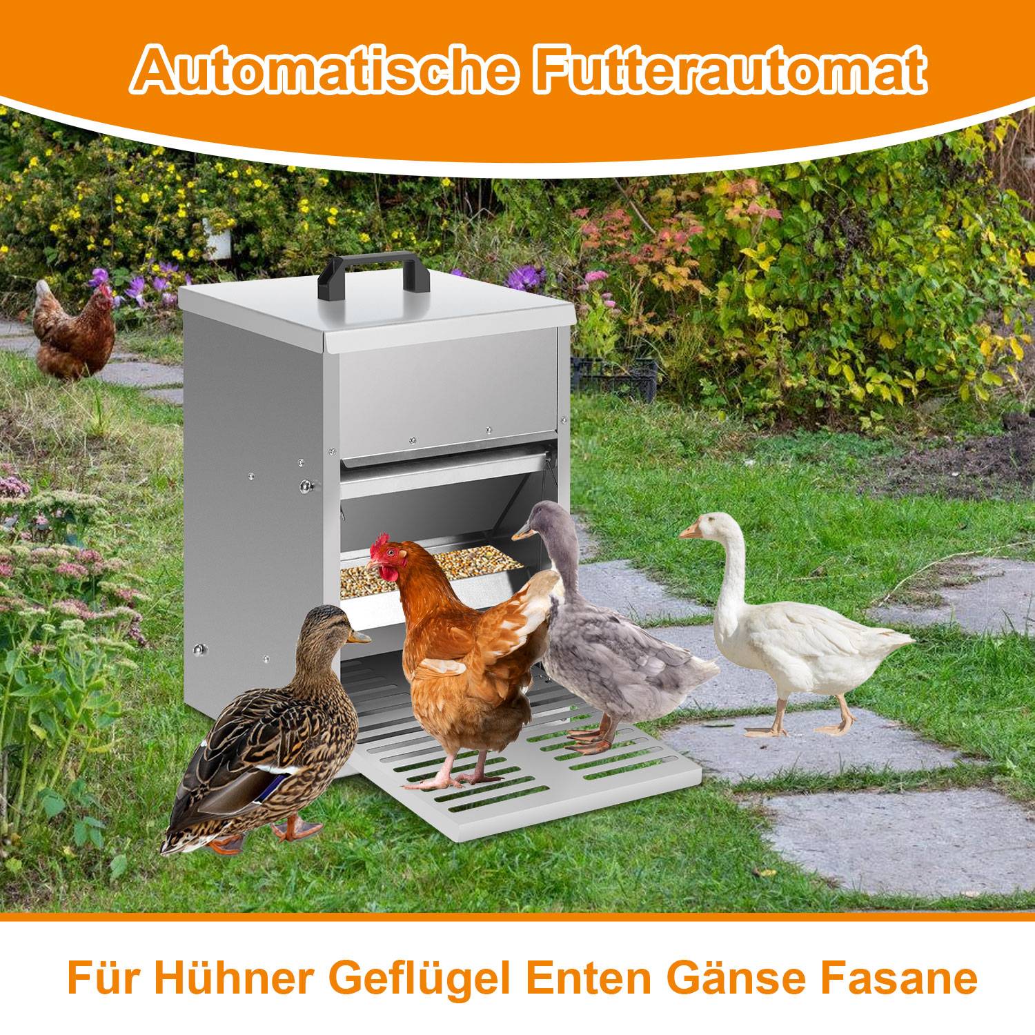 Futterautomat Hühner mit Trittplatte, Deckel, 5kg verzinkt Futterautomat für Hühner, Wasserdicht rattensicher Futtertrog, Futterspender Hühner, id