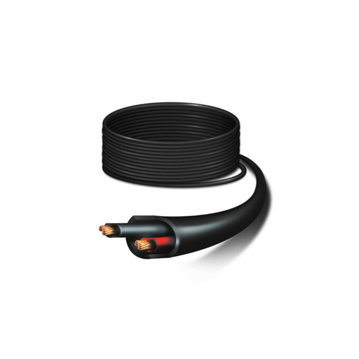 Ein aufgerolltes schwarzes Elektrokabel mit freigelegten Kupferdrähten an den Enden, was darauf hindeutet, dass es für die Installation oder Verbindung bereit ist.