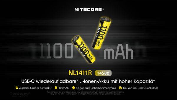 Li-Ion Akku 14500, Typ NL1411R, 3,6V 1100mAh, mit USB-C-Ladeanschluss, 50,3 x 14,5mm