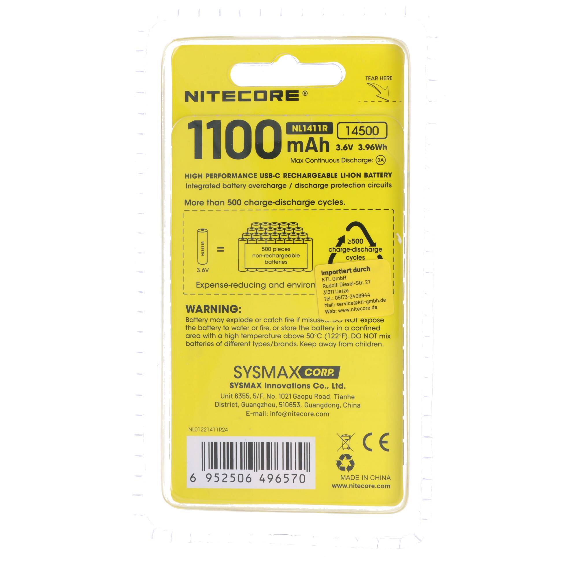 Li-Ion Akku 14500, Typ NL1411R, 3,6V 1100mAh, mit USB-C-Ladeanschluss, 50,3 x 14,5mm