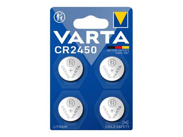 Paket mit VARTA CR2450 Lithium-Knopfzellenbatterien, zeigt vier Batterien und 