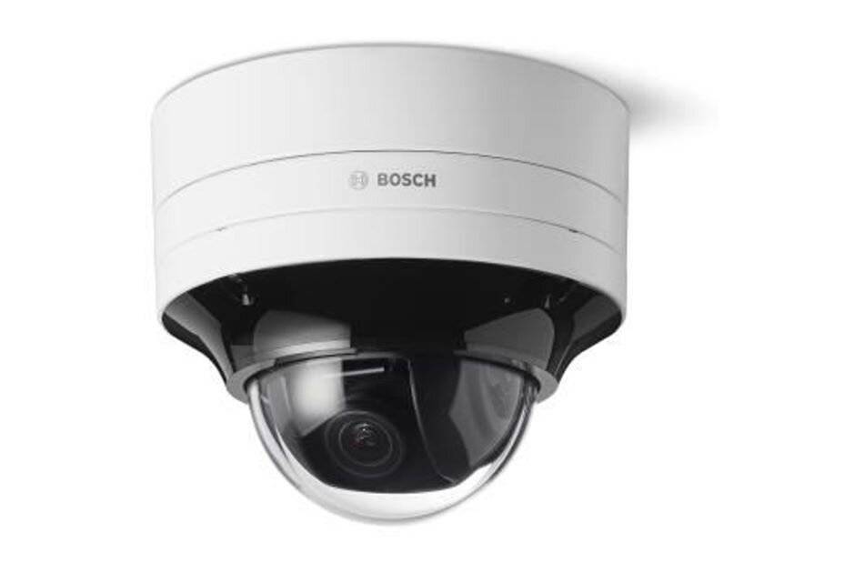 Bosch-Kuppel-Sicherheitskamera an der Decke montiert, von unten vor weißem Hintergrund dargestellt.