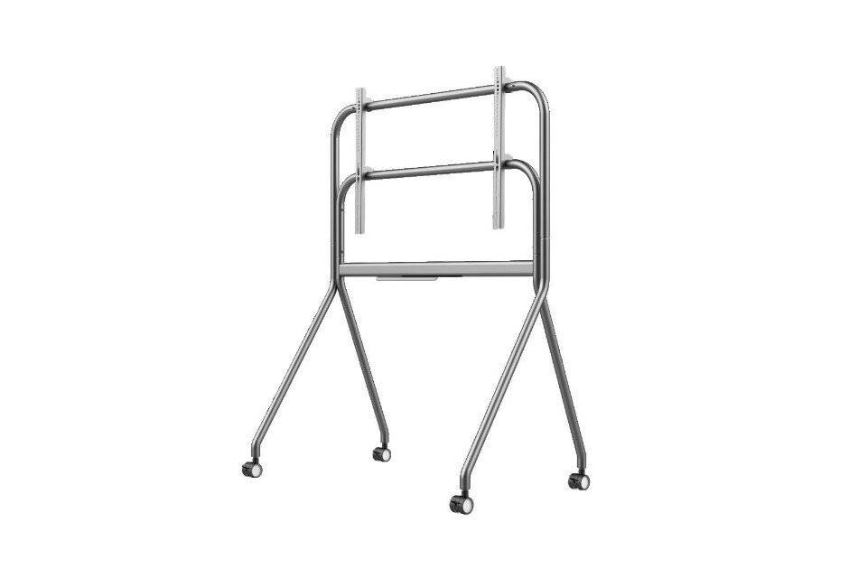 Ein Metallständer mit Rädern, ausgestattet mit zwei horizontalen Stangen und einer vertikalen Stützstruktur, wahrscheinlich zur Unterstützung eines Bildschirms oder einer Tafel verwendet.