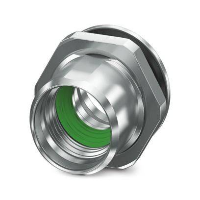 Eine Sechskantmutter aus Metall mit grüner Gewindebohrung, verwendet für Kabelverbindungen in industriellen Anwendungen.