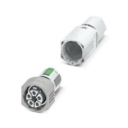 Ein rechteckiger, schwarzer, vertikaler elektronischer Stecker mit fünf Metallstiften, die von unten herausragen.