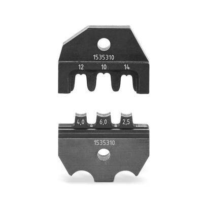 Runder Metallstecker mit Außengewinde, vier vergoldeten Stiften und einer schwarzen Kunststoffbefestigungshalterung. Geeignet für elektronische Geräte.