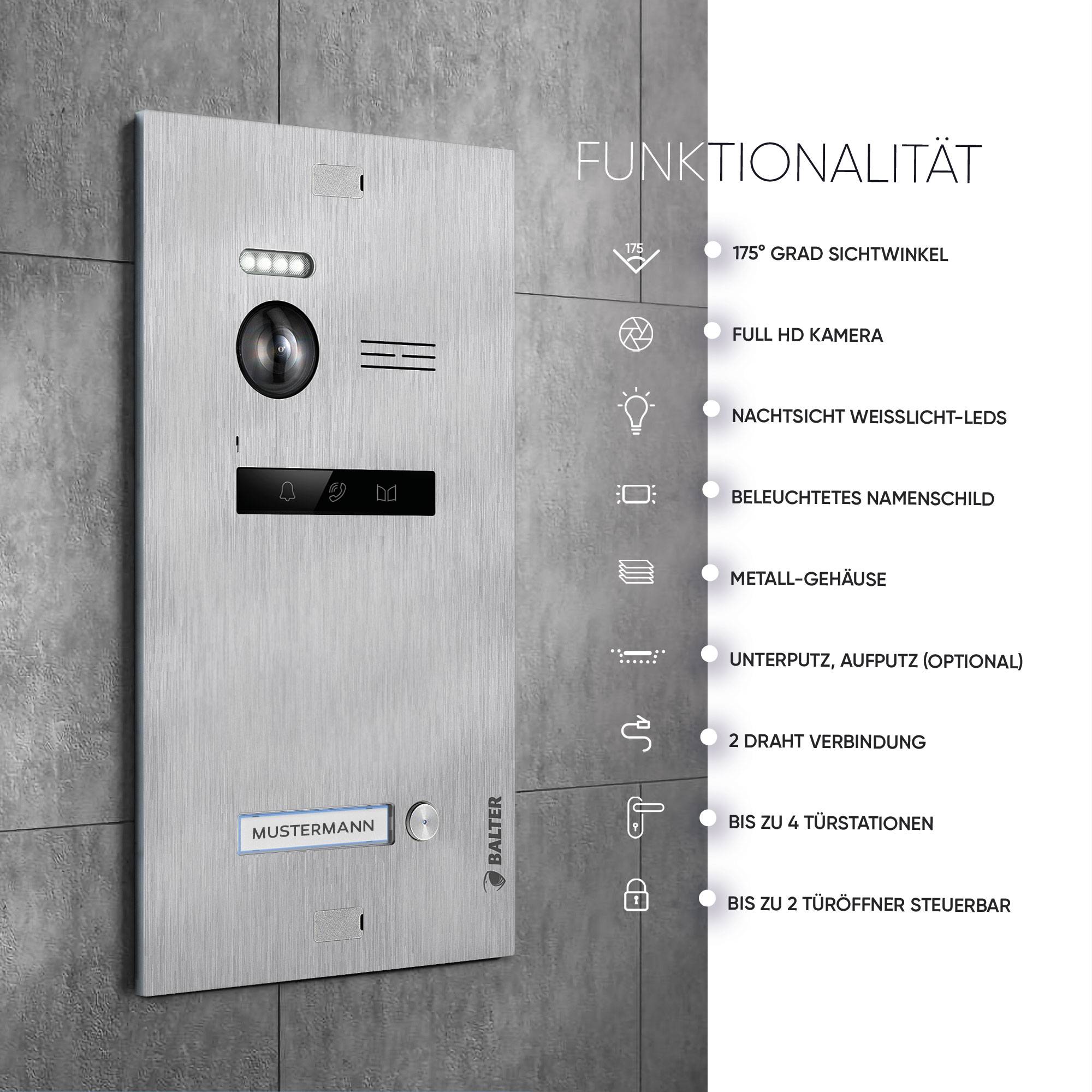 Balter EVO-HD Video Türsprechanlage, Video Türklingel mit Kamera, Smartphone App, 1 Familienhaus Klingel, 3X 7 Zoll HD Monitor, Full HD-Kamera, 2 Dr