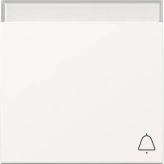 Weißer quadratischer Lichtschalter mit einem kleinen Glockensymbol in der unteren rechten Ecke, das anzeigt, dass es sich um einen Türklingel-Knopf handelt.