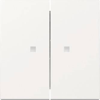 Ein weißer doppelter Lichtschalter mit schlankem, modernem Design. Jedes Schalterpanel hat einen kleinen quadratischen Knopf in der Mitte.