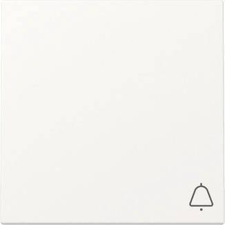 Ein weißer Türklingelknopf mit einem einfachen Glockensymbol in der unteren rechten Ecke.