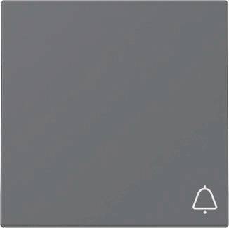 Ein grauer quadratischer Knopf mit einem kleinen weißen Glockensymbol in der unteren rechten Ecke, das auf eine Türklingel oder Benachrichtigungsfunktion hindeutet.