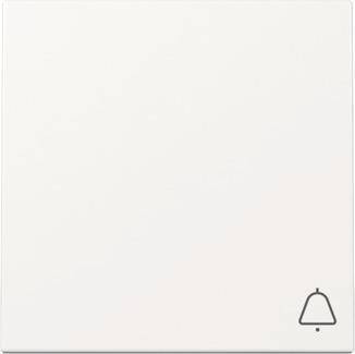 Ein weißer quadratischer Knopf mit einem kleinen Glockensymbol in der unteren rechten Ecke, möglicherweise zur Anzeige einer Türklingelfunktion.