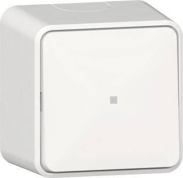 Eine weiße quadratische Oberfläche mit einem kleinen zentralen Quadrat, das einem minimalistischen Lichtschalter ähnelt, vor einem neutralen Hintergrund.