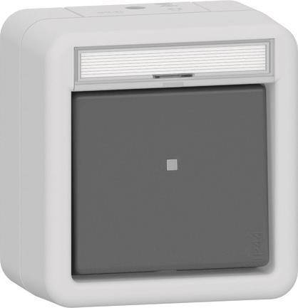 Ein grauer Drehschalter mit quadratischem Design, ausgestattet mit einer kleinen zentralen Anzeige und einem eingefassten, strukturierten Bereich oben, eingebaut in einem weißen Gehäuse.