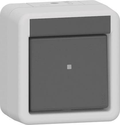 Ein quadratischer, moderner Lichtschalter mit minimalistische Design, bestehend aus einem grauen Mittelknopf, der in einem weißen Rahmen eingebettet ist.