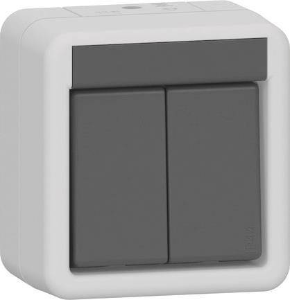 Grauer zweipoliger Lichtschalter auf einem weißen quadratischen Sockel.