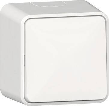 Ein Nahaufnahmebild eines schlichten, weißen, quadratisch geformten Schalters, vor einem neutralen Hintergrund angebracht.