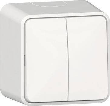 Ein weißer doppelter Lichtschalter an einer Wand, aus der Vorderansicht gezeigt.