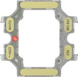 Ein rechteckiges elektrisches Bauteil mit einer roten Leuchtanzeige auf der linken Seite, auf der linken Seite mit '0.5mA 230V~' gekennzeichnet und auf der rechten Seite mit '2011100 RED'.