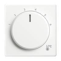 Runder weißer Thermostat mit Zahlen 1 bis 6 für Temperatureinstellungen, positioniert auf einem weißen quadratischen Panel.