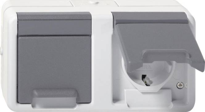 GIRA 478130 SCHUKO-Doppelsteckdose waagerecht Klappdeckel WG AP IP44 Grau Install.Baumaterial