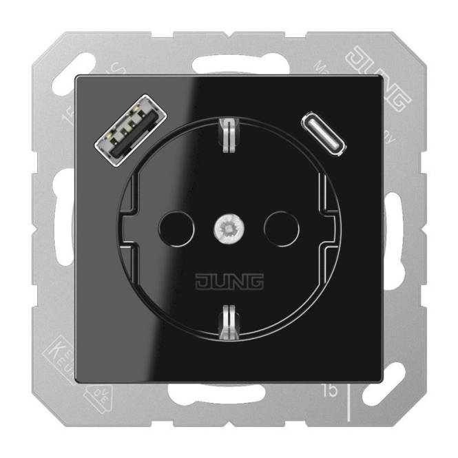 Jung SCHUKOsteckdose m.USB A1520-15CASW Typ AC Schwarz Install.Baumaterial Schaltermat/Geb.Steu