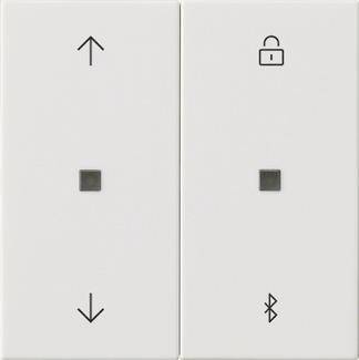 Zwei minimalistische Tasten: links mit Pfeilen für Lautstärke hoch und runter; rechts mit einem Schloss- und Bluetooth-Symbol für Verbindung und Sicherheit.