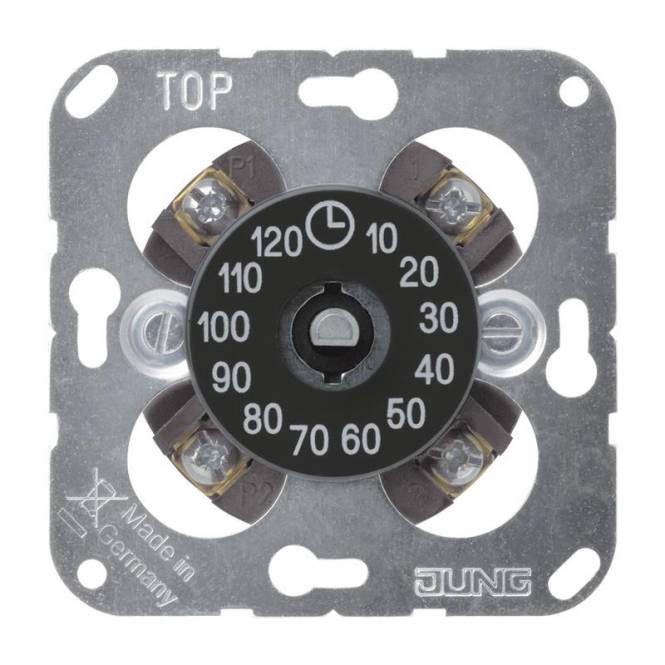 Ein Metallthermostat-Frontplatte mit einer kreisförmigen Skala, markiert von 30 bis 120, und Verdrahtungsanschlüsse. Oben beschriftet mit „TOP