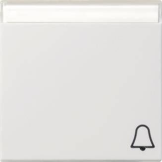 Ein weißer Türklingelknopf mit einem kleinen Glockensymbol in der unteren rechten Ecke, konzipiert für einfache Benachrichtigungszwecke.