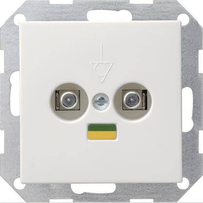 Steckdosenschutzkappe mit Schraubklemmen und Erdungssymbol.