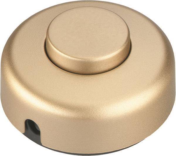 Ein goldenes, rundes elektronisches Gerät mit einem Knopf oben, möglicherweise ein Fußschalter oder Steuerpedal, das auf einer ebenen Oberfläche ruht.