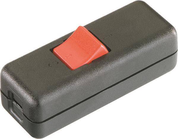 Ein schwarzer Inline-Schalter mit einem roten Wippschalter in der Aus-Position.