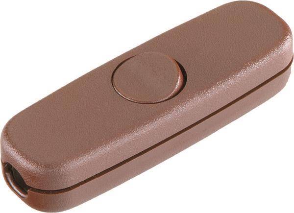 Ein brauner Inline-Schalter mit einer zentralen Taste, der üblicherweise zur Steuerung von kleinen Geräten oder Lampen verwendet wird.