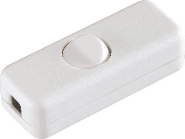 Ein weißer rechteckiger Wippschalter mit einem kreisförmigen Knopf in der Mitte; wird zur Steuerung des Stromflusses zu angeschlossenen Geräten verwendet.