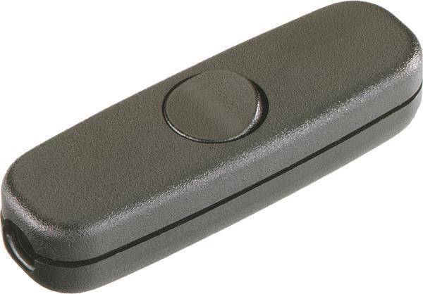 Eine Nahaufnahme eines kleinen, grauen, oval geformten elektronischen Geräts mit einem prominenten kreisförmigen Knopf in der Mitte, das zum Ein- oder Ausschalten verwendet wird.