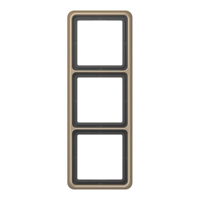 „Dreifach-Modulrahmen mit drei leeren quadratischen Feldern, Beige-Farbe, für elektrische Schalter oder Steckdosen. Vertikale Ausrichtung.