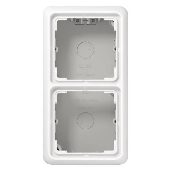 Ein doppelter, leerer Wandsteckdosenrahmen mit weißem Rand, konzipiert zur Aufnahme von Elektrosteckdosen oder Schaltern.