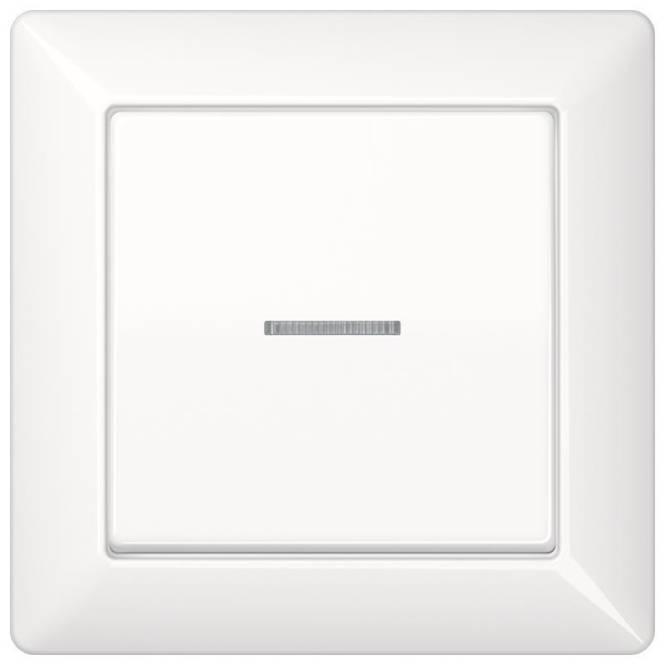 Ein weißer elektrischer Wandschalter mit minimalistischem Design, der in der Mitte eine kleine horizontale Linie aufweist, die seine Schalterposition anzeigt.